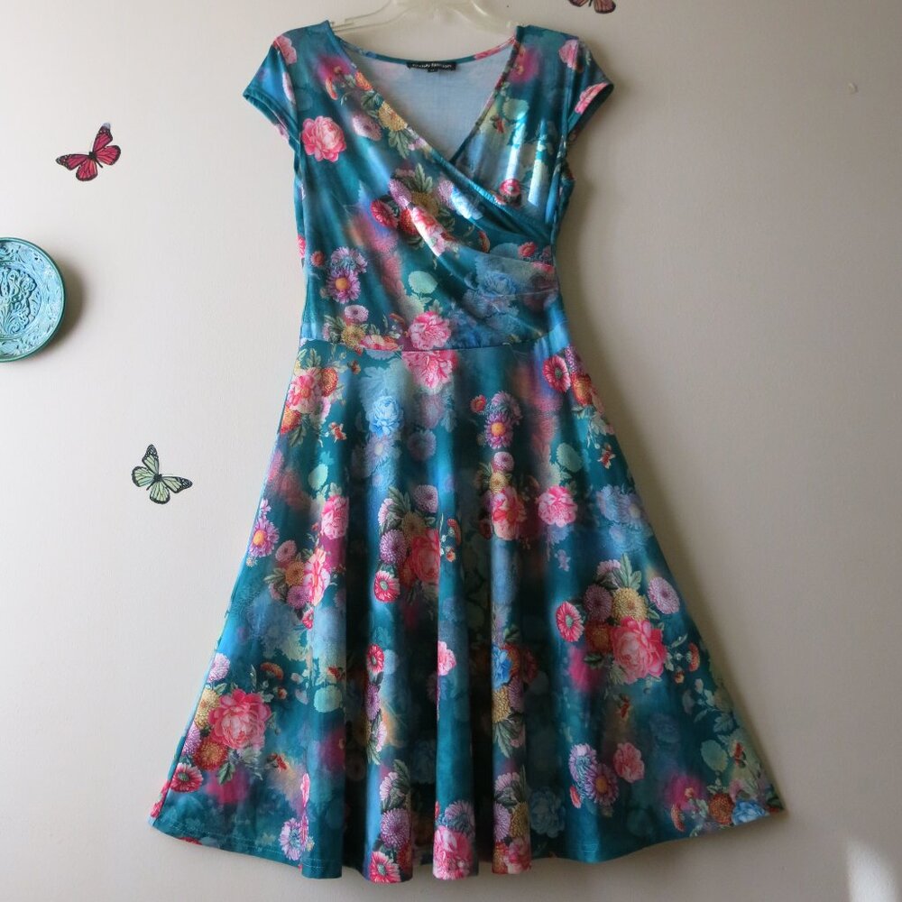 Oxiuly Fashion Realistic Floral Print Cotton Blend Blue Teal Swing Dress Size M